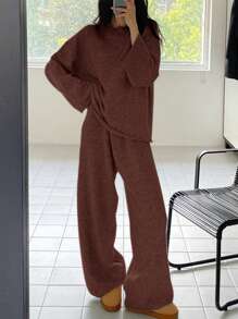 DAZY 2pcs Women Solid Color Loose Knit Sweater And Pants Set,Fall Clothes - Brown - View 2