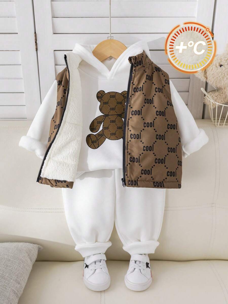 SHEIN 3pcs Baby Boy Cute Cartoon Letter Graphic Warm Thermal Lined Vest, Hoodie, And Pants Set, Suitable For Autumn, Winter, And Outdoor Activities Such As Skiing