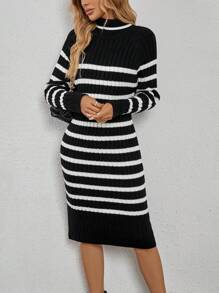 SHEIN Clasi 女士休闲拼色条纹高领修身毛衣裙，秋冬 - 黑與白 - 查看 3