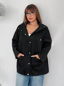 SHEIN EZwear Plus Size Women Long Sleeve Solid Color Pocket Casual Loose Hooded Jacket, Autumn - Black - View 7