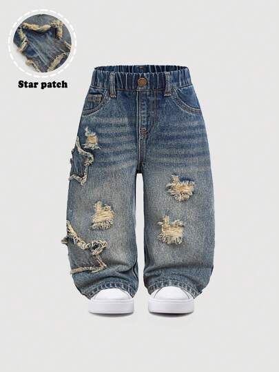 SHEIN Toddler/Baby Boys Casual Cute Vintage Star Design Fringed Ripped Loose Fit Blue Jeans,For Toddler Fall/Winter Outdoor Wear And Daily Wear Outfits