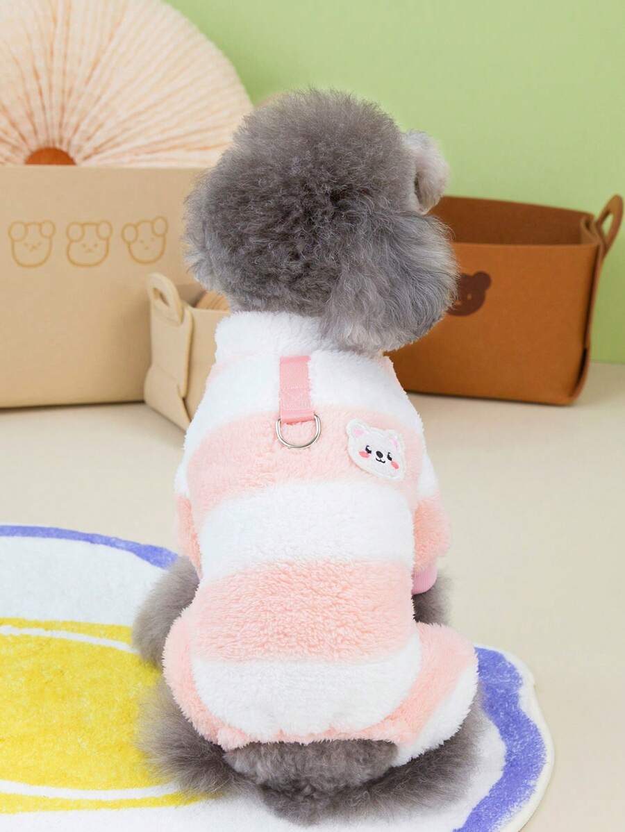 PETSIN Pink Striped Plush Warm & Cozy Jumpsuit For Pets With Leash, Suitable For Autumn And Winter