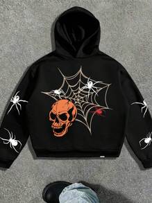 Manfinity NXTstreet Men Spider & Skull Graphic Hooded Sweatshirt, Casual Autumn/Winter Going Out Long Sleeve Hoodie, For Friends, Husband, Boyfriend Gifts - Black - View 1