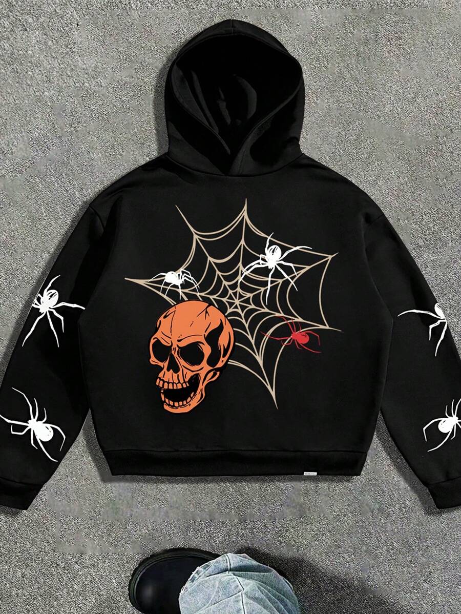 Manfinity NXTstreet Men Spider & Skull Graphic Hooded Sweatshirt, Casual Autumn/Winter Going Out Long Sleeve Hoodie, For Friends, Husband, Boyfriend Gifts - Black - View 1