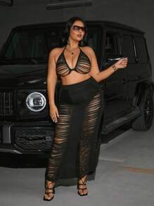 Plus Size Women Hollow Sexy 2 Pieces Bikini Cover-Up Set Summer - Black - View 3