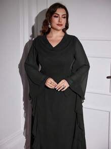 Modelyn Plus Size Women's Draped Neck Long Sleeve Solid Color Seaweed Striped Elegant Party Dress, Elegant A Line Maxi Length Dresses, For Evening Party/Wedding Guest/Anniversary - Black - View 3