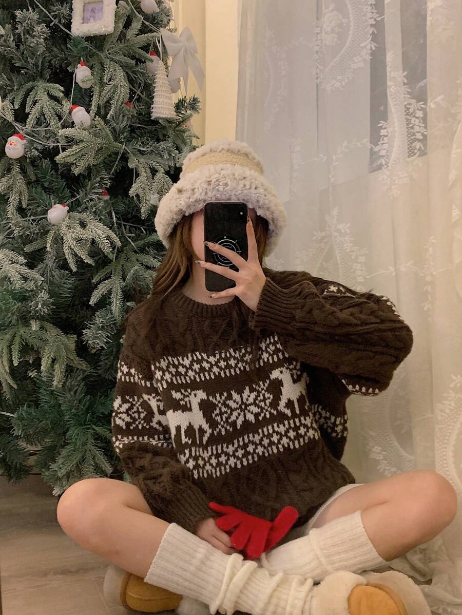 DAZY 1pc Women Cartoon Color Block Crew Neck Long Sleeve Sweater,Long Sleeve Tops,Fall Women Clothes,New Year,Christmas - Coffee Brown - View 1