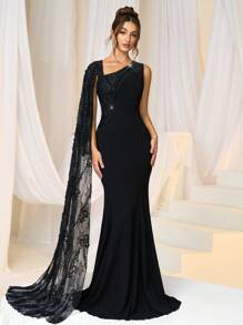 SHEIN Belle Vestido formal de fiesta elegante para mujer, de punto negro con contraste de encaje en la cintura, vestido de noche, vestido de graduación, para invitados de boda, cena