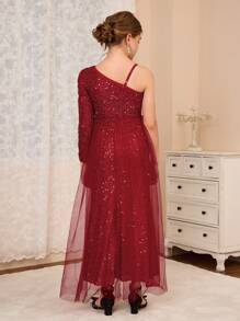 Girl's Slim Fit One Shoulder Long Sleeve Sequin And Mesh Dress, Suitable For Wedding, Christmas, Halloween, Thanksgiving Celebration, Birthday Party, Gala - Burgundy - View 2