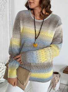 EMERY ROSE Plus Size Women Colorblock Hollow Out Crew Neck Long Sleeve Sweater Pullover - Multicolor - View 6