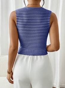 SHEIN Frenchy Women's Striped Print V-Neck Buttoned Front Sleeveless Tank Top Summer Casual Blue - Blue - View 2