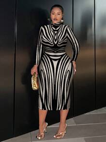 Slaydiva Plus Size Minimalist Artistic Lines Print Long Sleeve Round Neck Fitted Dress, Elegant Women Clothing For Autumn/Winter - Multicolor - View 4