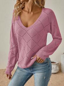 SHEIN LUNE Solid Pointelle Knit Sweater - Purple - View 4