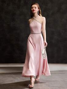 MOTF Soiréza RHINESTONE BEADED TRIM CRISSCROSS HALTER NECK COCKTAIL DRESS WITHOUT BELT