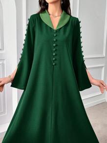 Al Najma Đầm Ả Rập thanh lịch dài tay rộng rãi trang trí nút màu xanh lá cây cho nữ - màu xanh lá - Xem 5