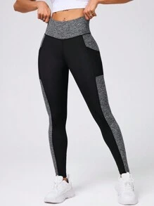 Easithlete Contrast Color Patchwork Wide Waistband Side Pocket Sports Leggings - Black - View 3