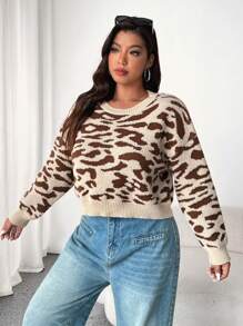 Calvaya Plus Size Women Round Neck Leopard Pattern Casual Pullover Sweater, Short Style, Autumn/Winter Knit Pullover Fall - Multicolor - View 5