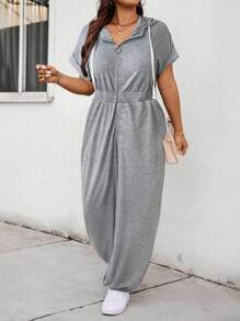 Calvaya Bộ đồ liền thân có mũ trùm đầu tay ngắn cánh dơi màu trơn cỡ lớn cho nữ - Xám - Xem 1