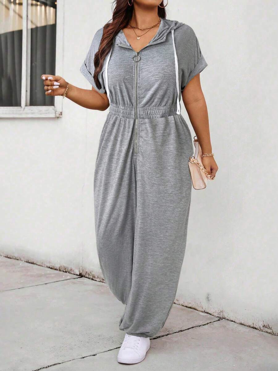 Calvaya Bộ đồ liền thân có mũ trùm đầu tay ngắn cánh dơi màu trơn cỡ lớn cho nữ - Xám - Xem 1