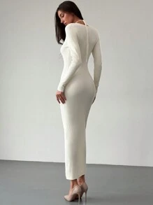 Aloruh Minimalist Deep V-Neck Tie Front Bodycon Long Sleeve Maxi Sweater Dress For Women, Autumn/Winter - Apricot - View 2