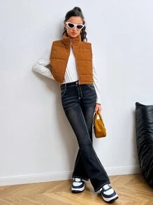 SHEIN Leap Crew 少女棕色立领灯芯绒复合三合一背心夹克，短款，休闲保暖，适合日常穿着 - 棕色 - 查看 4