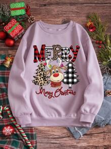 INAWLY 女士圣诞标语印花长袖保暖内衬卫衣，常规版型，秋冬套头衫 - 紫丁香色 - 查看 3