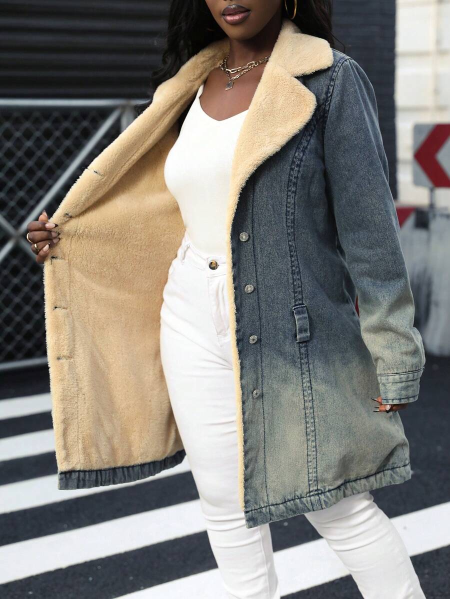 SHEIN Slayr Áo khoác denim đa năng thường ngày lót nhiệt màu khối cho nữ, mùa thu/đông - Màu xanh lam - Xem 1