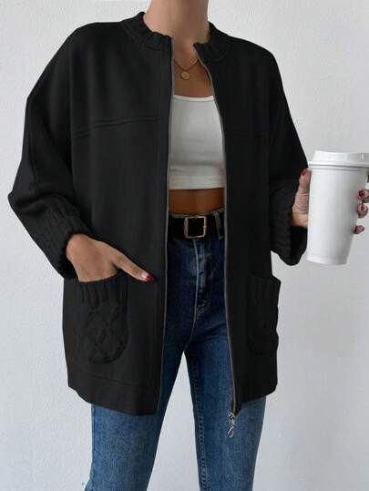 EURMUSE Women's Solid Color Long Sleeve Loose Casual Black Cardigan With Dual Pockets, For Autumn And Winter