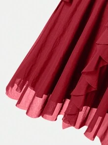 Tween Girls Elegant Off Shoulder Straps Ruffled Mesh Tight Knit Dress - Red - View 3