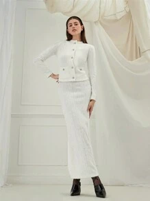 Enchnt 优雅纯色纺毛衣针织开衫+长裙两件套，圆领金属扣，长袖，包臀直筒，秋季女装，冬季女装 - 白色 - 查看 5