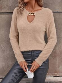 SHEIN Clasi Plus Size Women Solid Keyhole Neck Long Sleeve Fitted Faux Mink Fur Pullover Sweater, Autumn/Winter