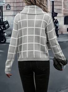 SHEIN LUNE Plaid Print Turtleneck Casual Versatile Long Sleeve Pullover Sweater Knit Pullover Fall Winter - Grey - View 2