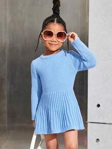 SHEIN Leap Crew Đầm len dài tay cổ tròn xếp ly màu trơn dành cho bé gái SLAYR KIDS - Màu xanh lam - Xem 3