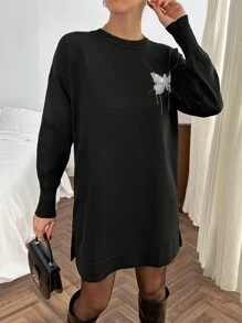 EURMUSE Women Butterfly Chain Faux Pearl Detail Drop Shoulder Oversize Sweater - Black - View 3