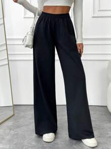 EURMUSE 女士纯色低腰阔腿裤 - 黑色 - 查看 4