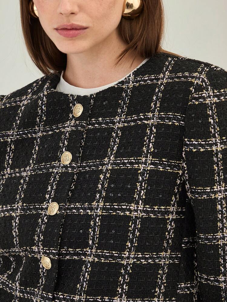 Autumn/Winter Romantic Holiday Women Black Plaid Round Neck Long Sleeve Metal Buttons Decor Elegant Short Tweed Jacket,Fall Women Clothes