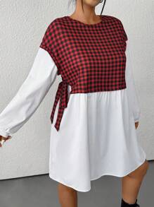 SHEIN EZwear 大码休闲落肩格子拼接长裙，秋冬 - 紅白色 - 查看 6
