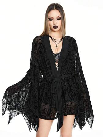 Sexy durchsichtiger Gothic Spinnennetz-Flockenmuster Offen Strickjacke mit Schleifen Bluse für Frauen