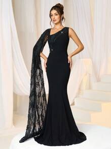 SHEIN Belle Vestido formal de fiesta elegante para mujer, de punto negro con contraste de encaje en la cintura, vestido de noche, vestido de graduación, para invitados de boda, cena