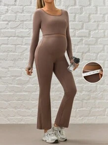 SHEIN Maternity Solid Color Long Sleeve Top And Pants Slim Fit Sportswear - Brown - View 7