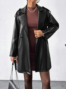 EURMUSE Women's Solid Leather Midi Trench Coat - Black - View 6