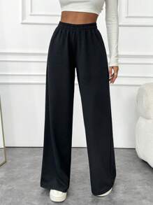 EURMUSE 女士纯色低腰阔腿裤 - 黑色 - 查看 5