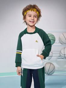 SHEIN 年轻男孩冬季运动套装运动衫和裤子，暖色块拼接插肩袖学院风骑行、登山、跑步，复古美式长袖领口两件套，印花字母 L，ATHLOW 色罗纹针织饰边 3 种颜色