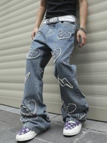 Manfinity EMRG Jeans holgados rectos casuales con bolsillo con diseño de corazón deshilachado para hombre