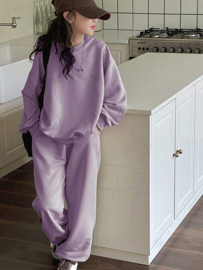 Dazy Kids 2pcs/Set Tween Girl Round Neck Letter Embroidered Sweatshirt Sets, Autumn,Back To School Clothes