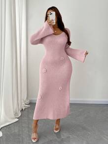 SHEIN Unity Robe en tricot ajustée pour femmes grandes tailles avec encolure en V, taille resserrée et ourlet de sirène floral élégant - Rose bonbon - Voir 4