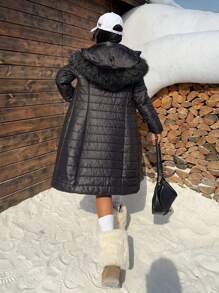 SHEIN EZwear 全新冬季女式绗缝加厚派克大衣，带毛领和兜帽 - 黑色 - 查看 2