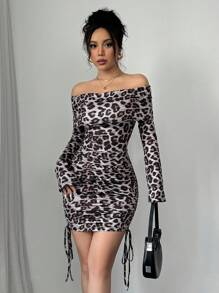 Calvaya Vestido con estampado de leopardo y hombros descubiertos (corte de estampado aleatorio) para mujer