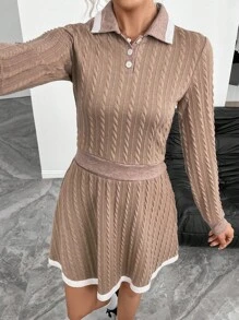 SHEIN Unity طقم ملابس علوية من القطيفة بياقة بولو كم طويل وتنورة خصر مطاطي باللون البني - قهوة بني - مشاهدة 6