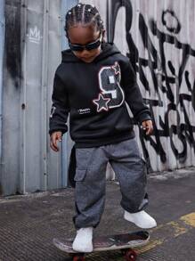 Matching Family Outfit - Young Boys Casual Sports Street Number Star Planet Hooded Black Sweatshirt, Suitable For Street-Style, Father-Son, And Siblings - Black - View 5